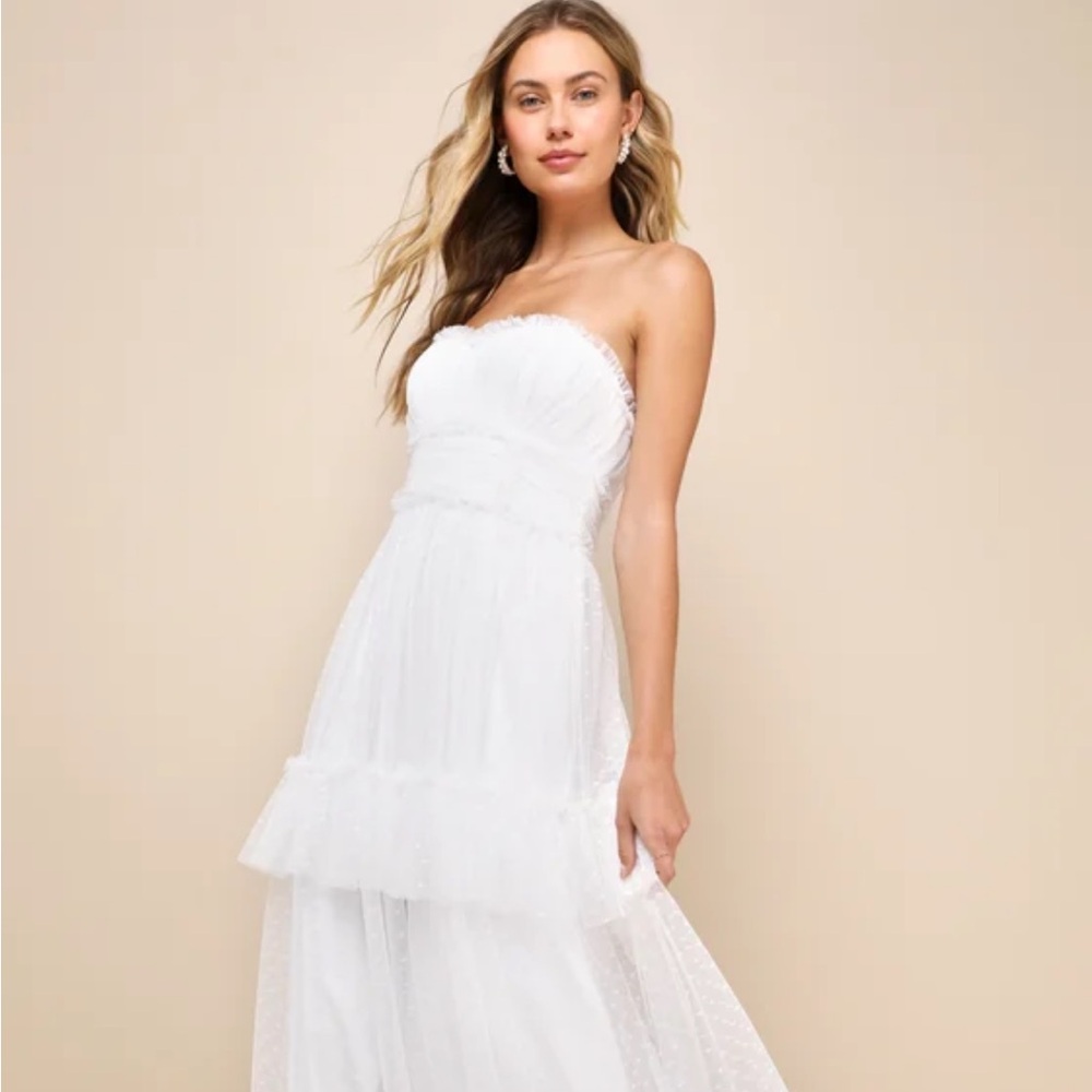 Lulus NWT Delightful Bliss White Mesh Swiss Dot Strapless Midi Dress